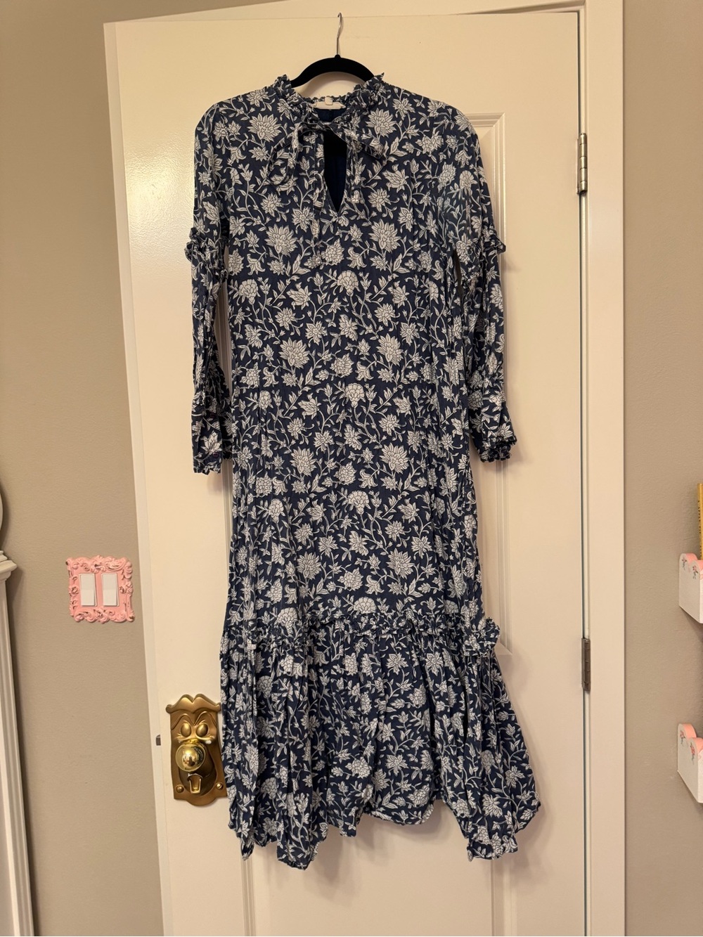 Ophelia & Indigo Blue Floral Midi Dress with Ruffle Hem